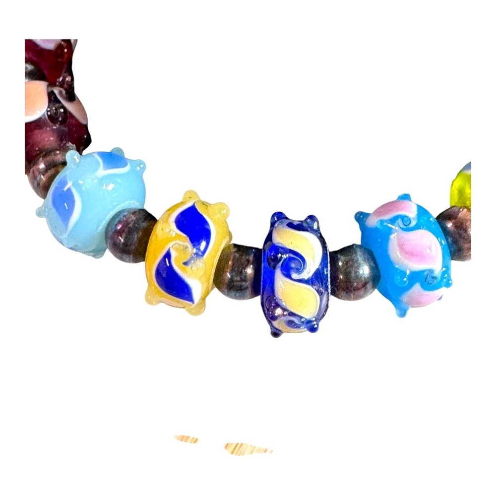 Vtg Multicolor Lampwork Glass Bead Bracelet Sterling Silver Cobalt Blue Yellow